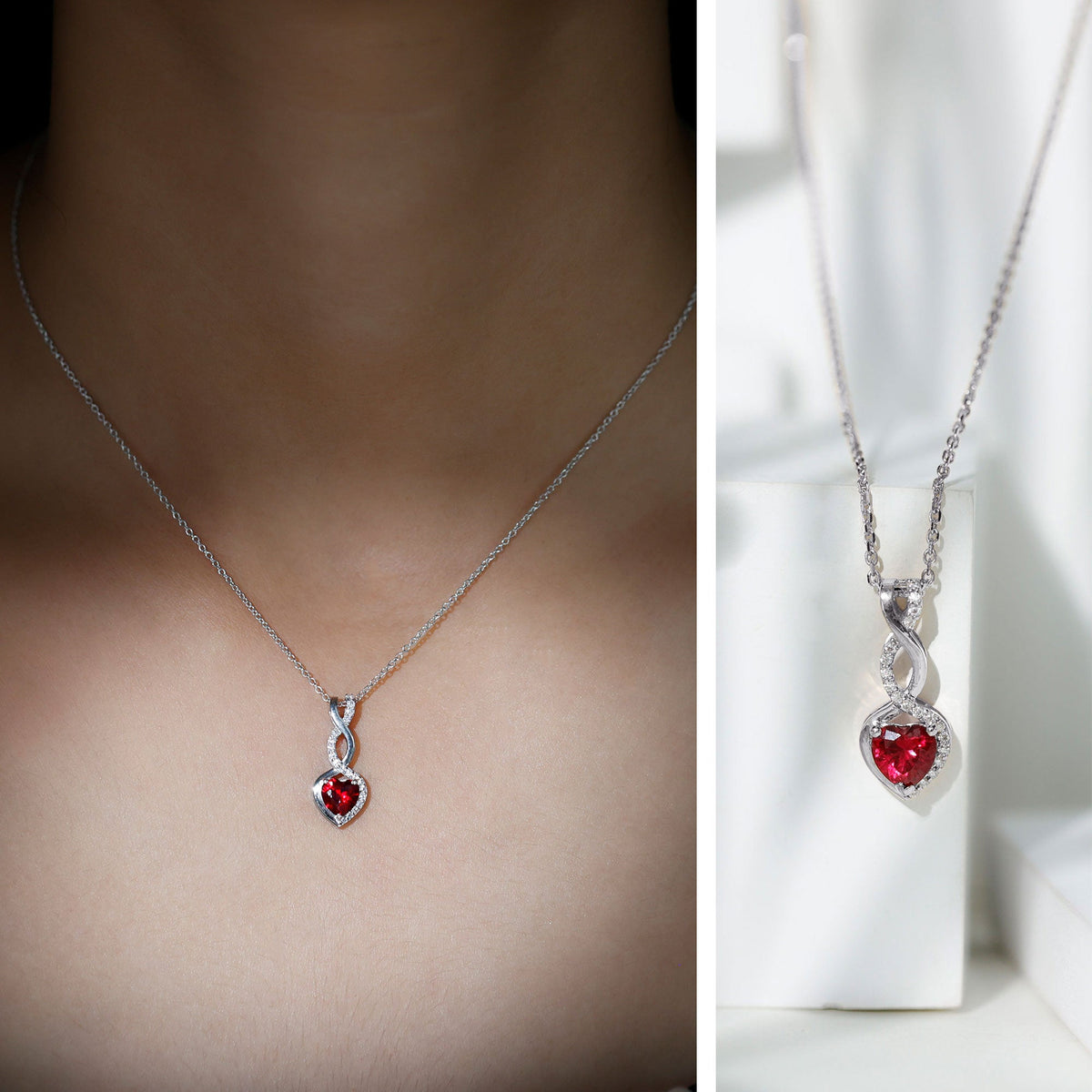 Lab grown ruby heart and infinity pendant on silver chain, gold-plated pendant jewelry by Rosec Jewels.