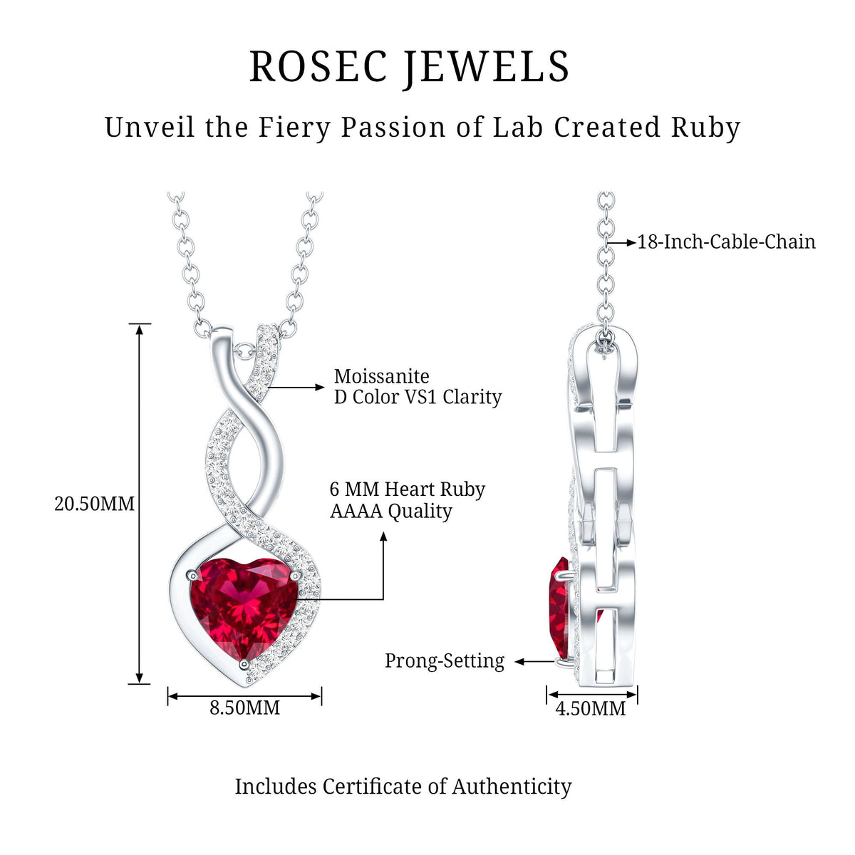 Lab grown ruby heart and infinity pendant necklace with silver chain, 1 carat, 14k yellow gold-plated silver, by Rosec Jewels.