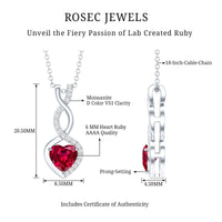 Lab grown ruby heart and infinity pendant necklace with silver chain, 1 carat, 14k yellow gold-plated silver, by Rosec Jewels.