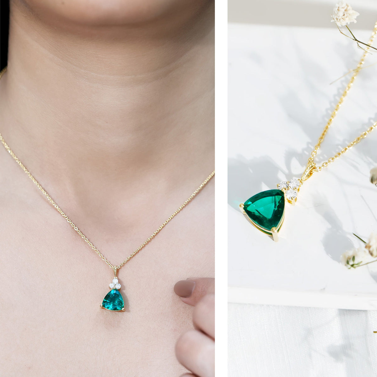 Lab grown emerald pendant necklace with 3.5 carat trilliant cut emerald and chain, elegant bridal jewelry by Rosec Jewels.