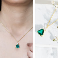Lab grown emerald pendant necklace with 3.5 carat trilliant cut emerald and chain, elegant bridal jewelry by Rosec Jewels.