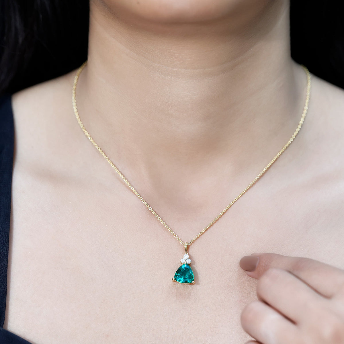 Lab-grown emerald diamond pendant with 3.5 carat trilliant cut, set in Rosec Jewels bridal necklace with chain.
