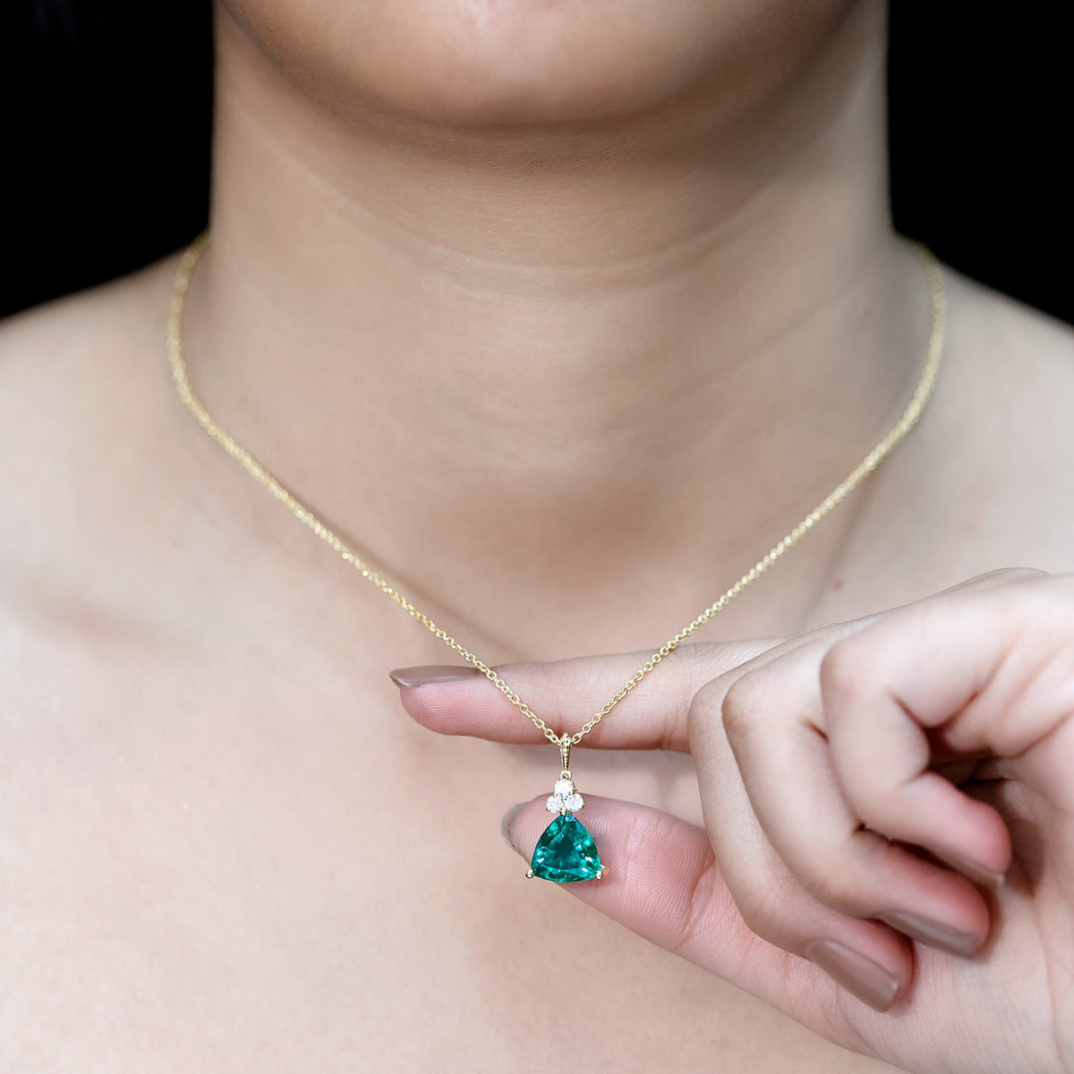 Lab-grown emerald diamond pendant with 3.5 carat trilliant cut, set in a delicate chain, by Rosec Jewels.