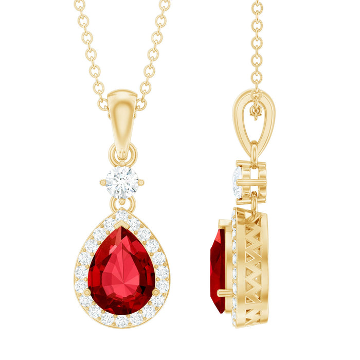 Lab created ruby teardrop pendant with moissanite halo, featuring a Rosec Jewels pendant design and elegant jewelry style.