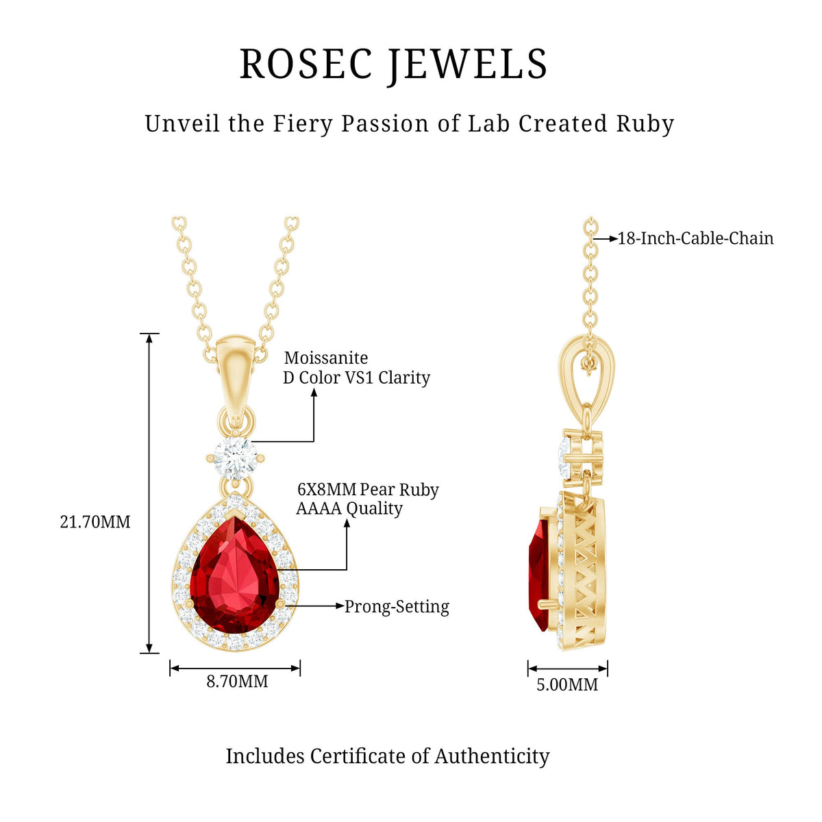 Lab-created ruby teardrop pendant with moissanite halo, featuring a delicate chain and sparkling gemstone setting.