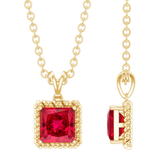 Princess cut lab-created ruby solitaire pendant with rope frame, showcasing a sparkling ruby center and elegant metal design.