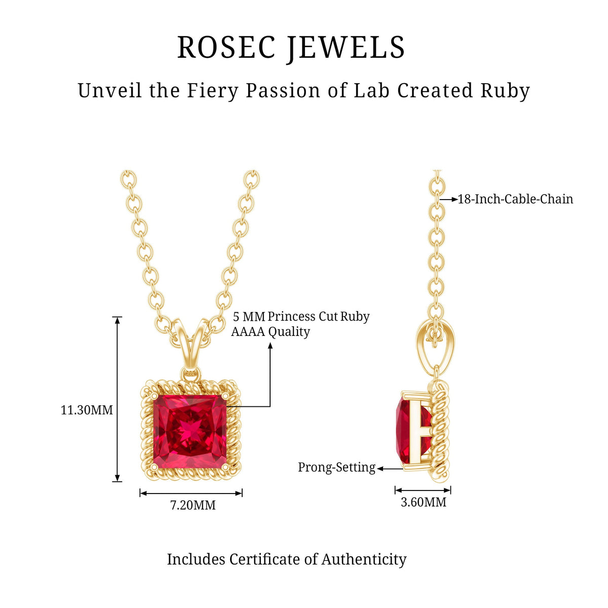 Princess cut lab-created ruby solitaire pendant with rope frame from Rosec Jewels, featuring a vibrant red gemstone and elegant design.