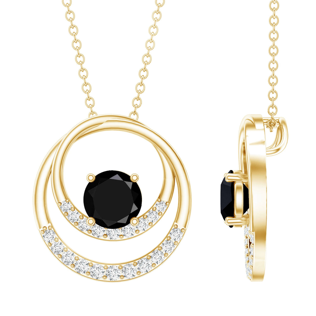Lab-created black and white diamond circle pendant necklace with silver chain by Rosec Jewels.