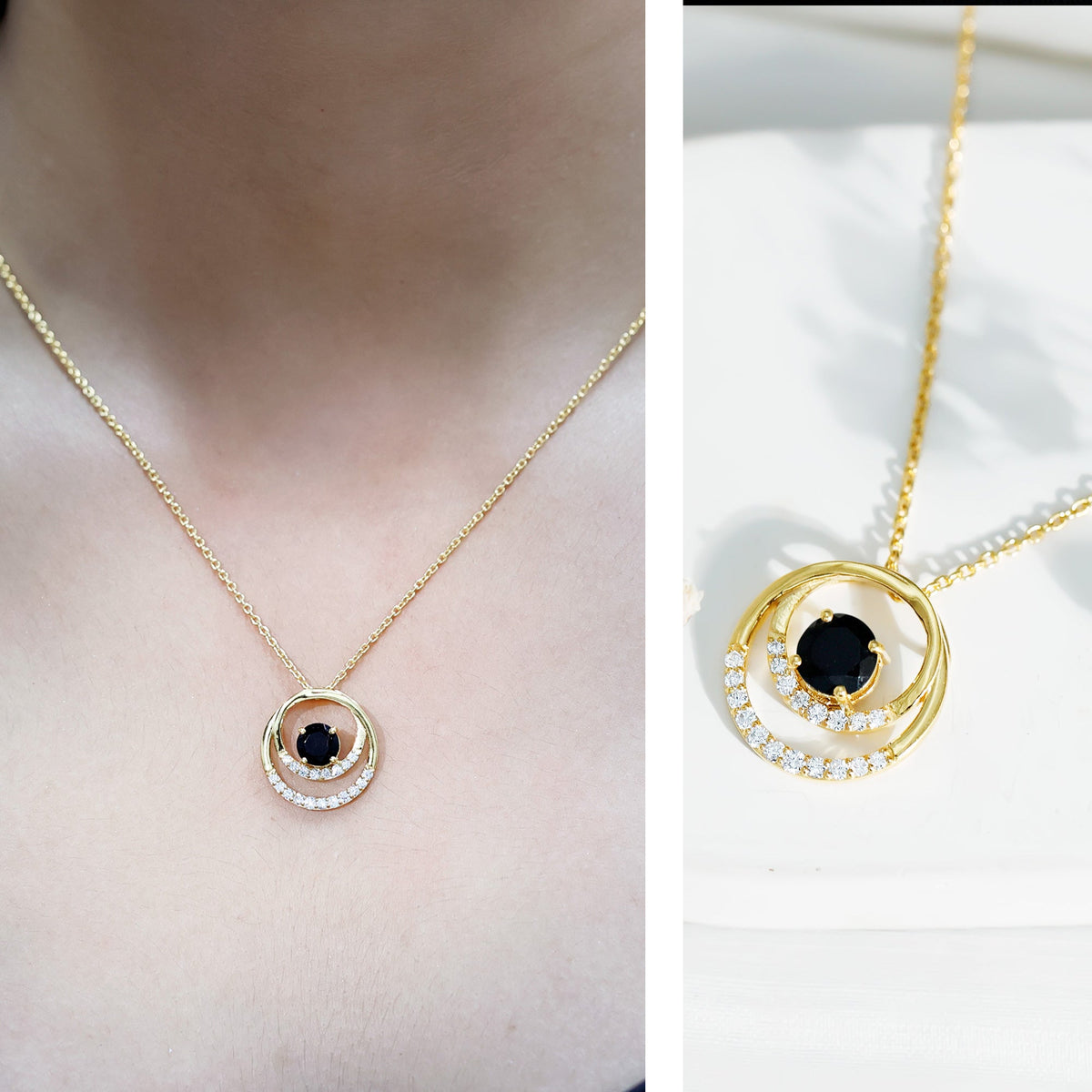 Lab-created black and white diamond circle pendant necklace with silver chain from Rosec Jewels, showcasing a elegant jewelry design.