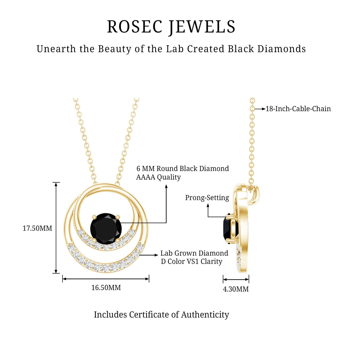 Lab-created black and white diamond circle pendant necklace with silver chain from Rosec Jewels, elegant jewelry accessory.