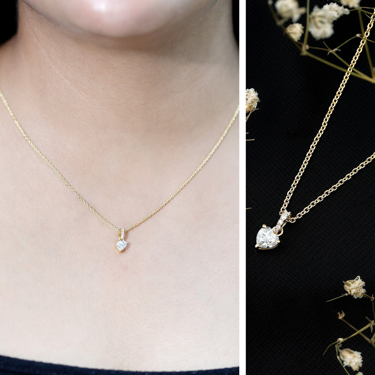 Yellow gold plated silver heart pendant with 0.5 carat moissanite, featuring a chain, by Rosec Jewels.