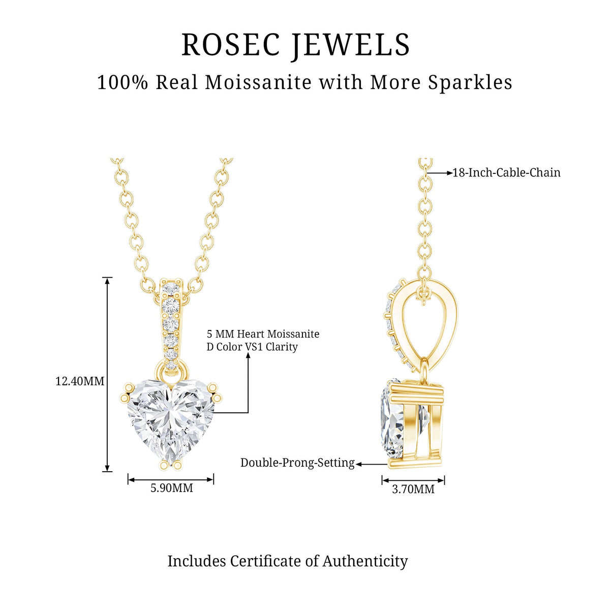 Yellow gold plated silver heart pendant with 0.5 carat moissanite stone and chain, elegant jewelry from Rosec Jewels.
