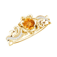 Genuine citrine rose engagement ring with diamond accents by Rosec Jewels, featuring a radiant yellow citrine stone and sparkling diamonds.
