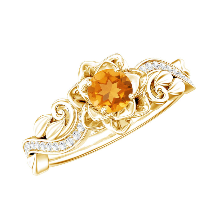 Genuine citrine rose engagement ring with diamond accents by Rosec Jewels, featuring a radiant yellow citrine stone and sparkling diamonds.