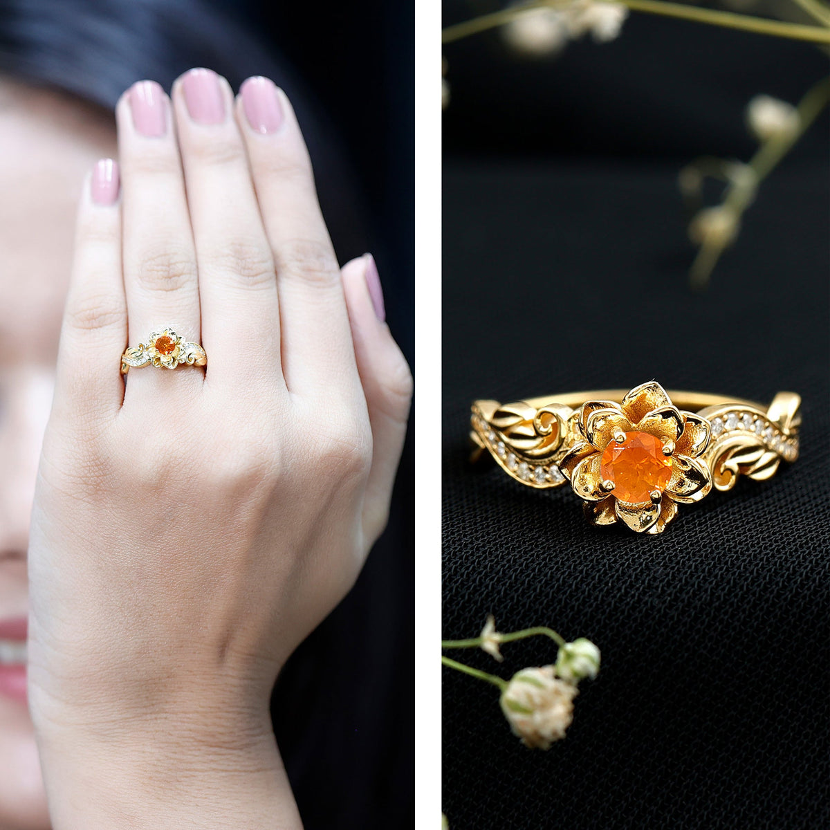 Genuine Citrine Rose engagement ring with diamonds from Rosec Jewels, featuring a central citrine gemstone and diamond accents.