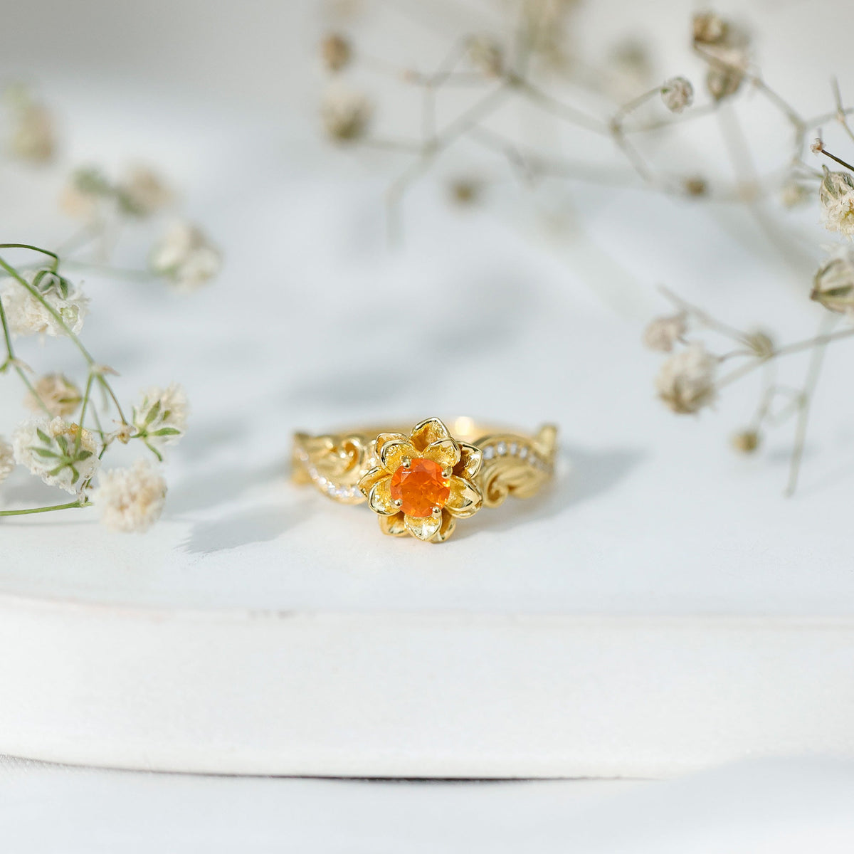 Genuine citrine rose engagement ring with sparkling diamonds by Rosec Jewels, featuring a vibrant citrine center stone and intricate band.