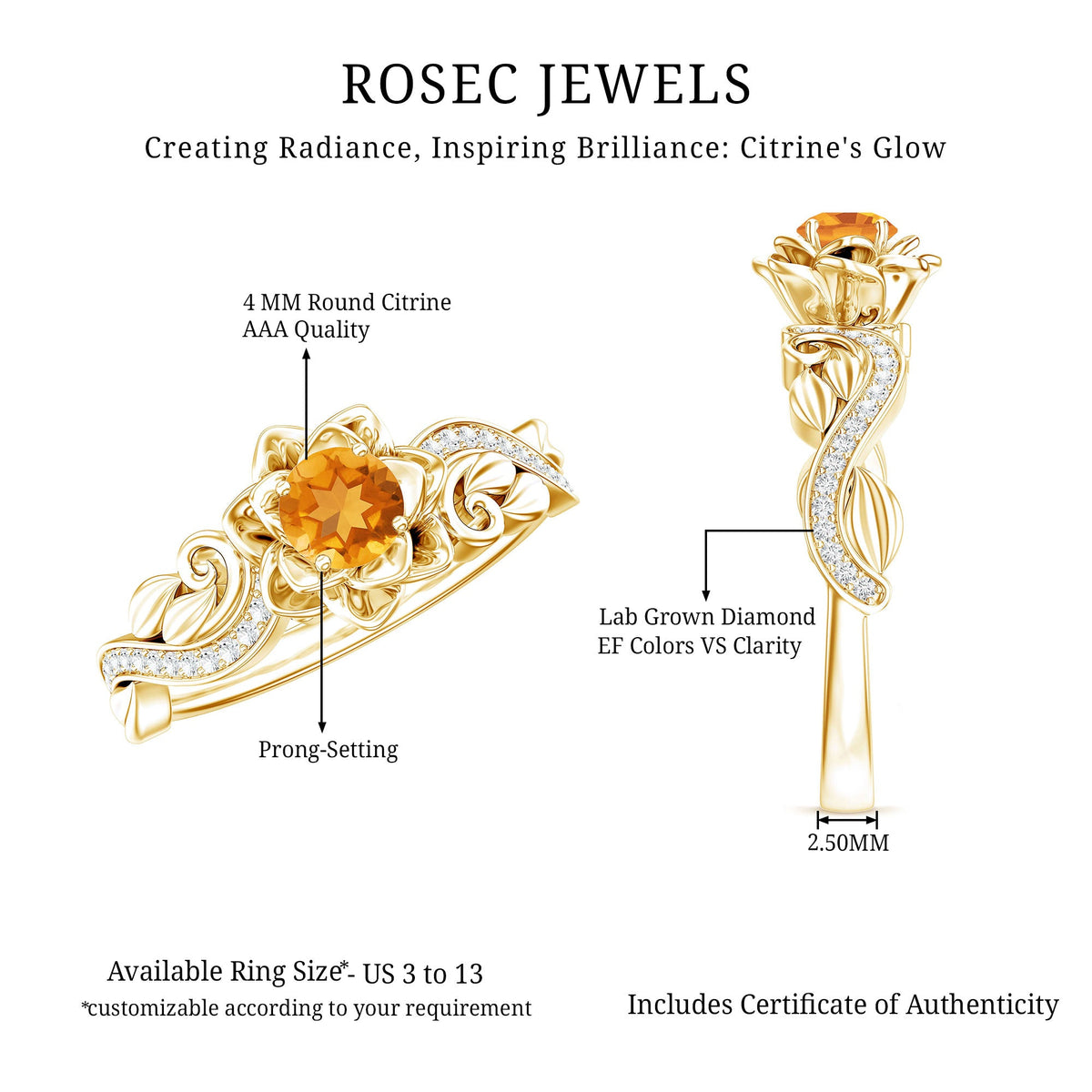 Genuine Citrine Rose engagement ring with diamonds from Rosec Jewels, featuring a vibrant citrine center stone and sparkling diamond accents.