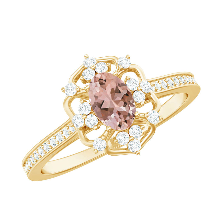 Vintage inspired Morganite engagement ring with diamonds from Rosec Jewels, featuring a central pink gemstone and sparkling side accents.