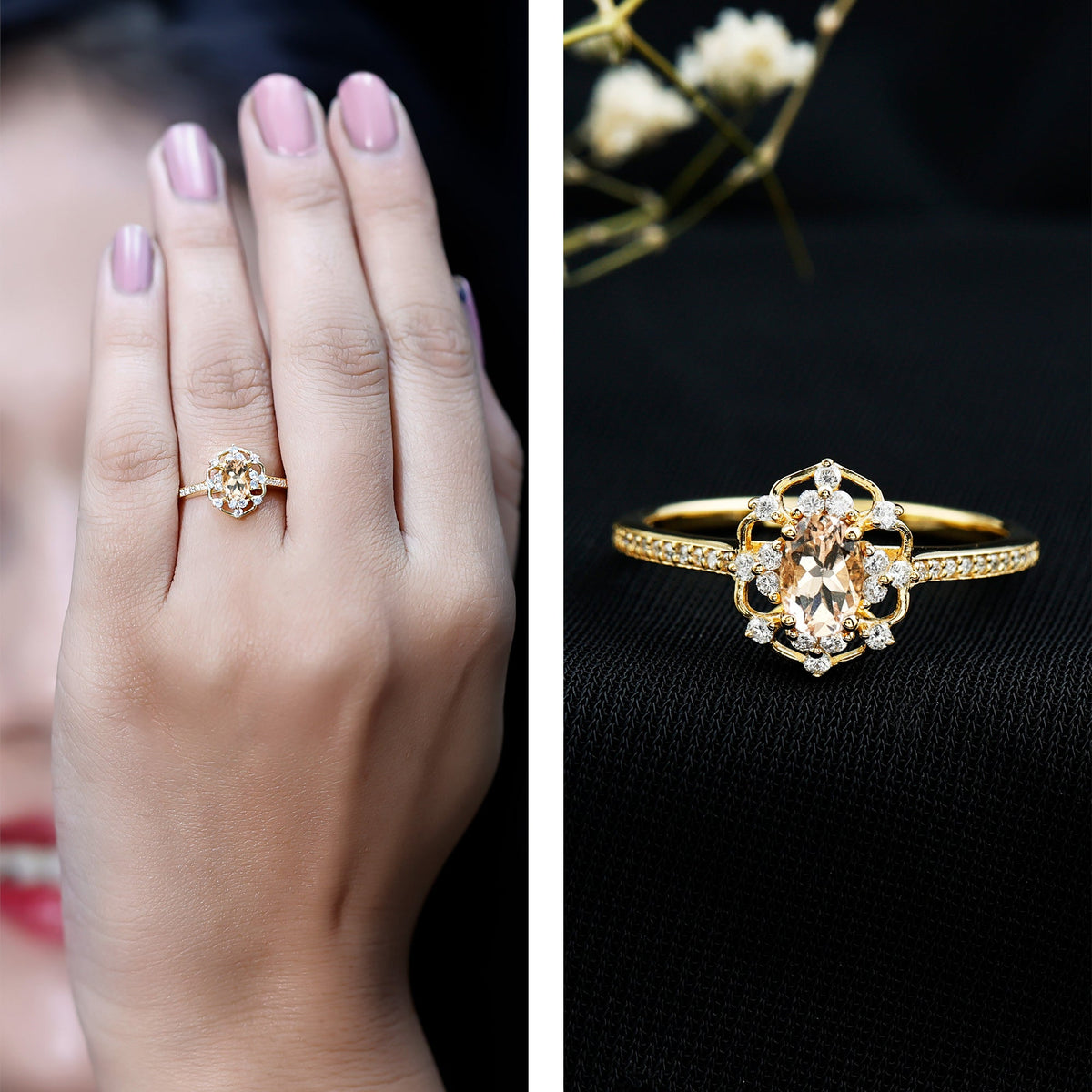 Vintage-inspired Morganite engagement ring with sparkling diamonds, featuring a rose gold band from Rosec Jewels.