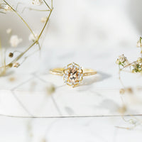 Vintage-inspired Morganite engagement ring with diamond accents from Rosec Jewels showcasing a rose gold band and intricate detailing.