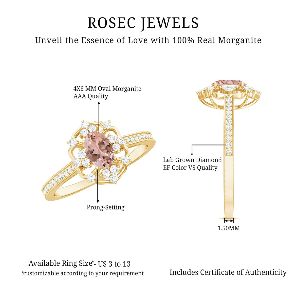 Vintage-inspired Morganite engagement ring with diamonds, featuring a rose gold band and intricate design from Rosec Jewels.