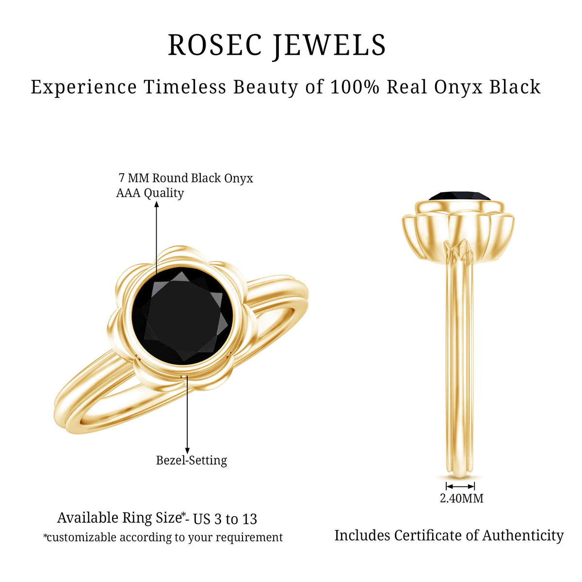 Black onyx bezel set engagement ring with 1.2 carats from Rosec Jewels, showcasing a sleek and elegant design.