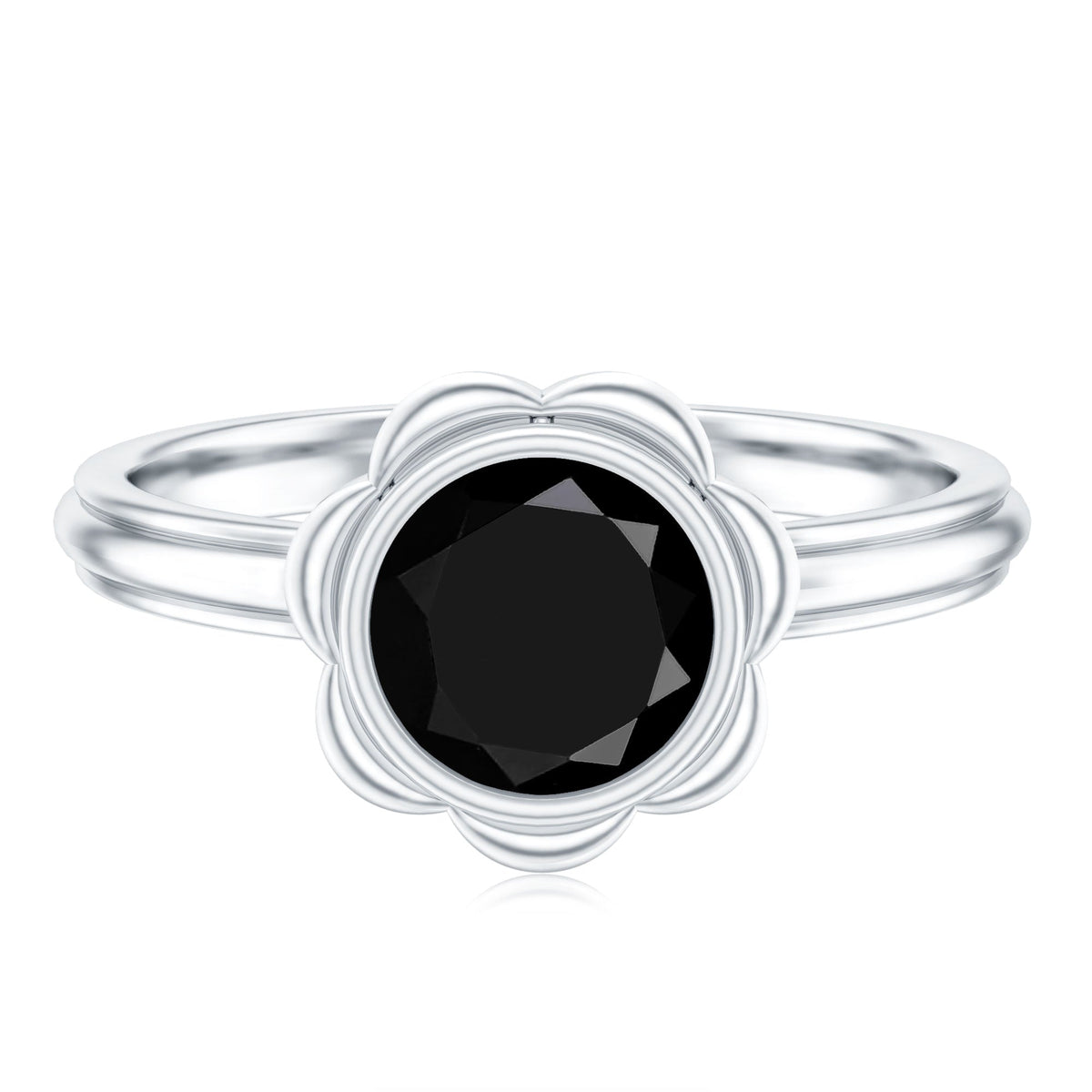 Black onyx bezel set engagement ring with silver band by Rosec Jewels, showcasing a 1.2 carat oval black gemstone.