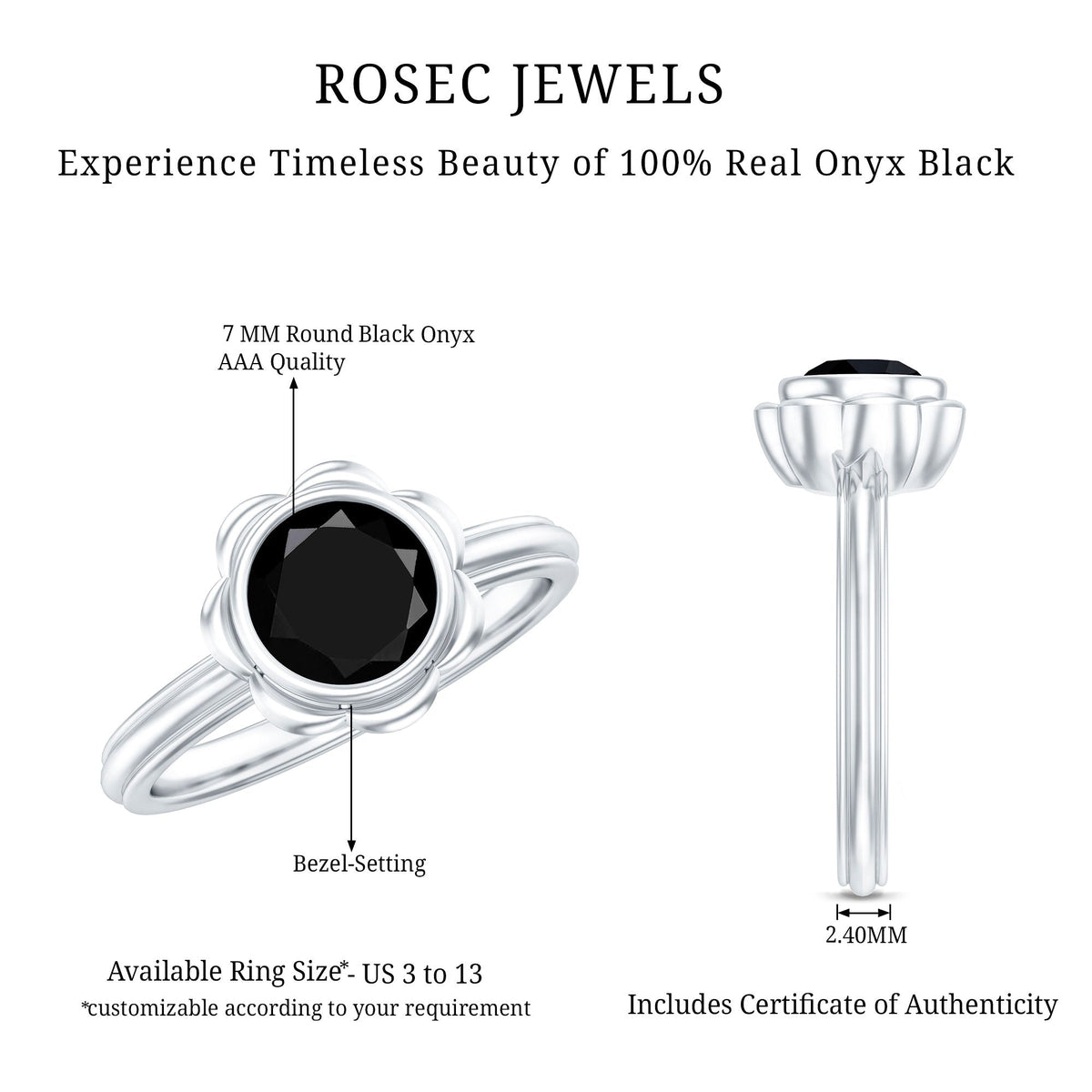 Black onyx bezel set engagement ring with a 1.2 carat stone, crafted by Rosec Jewels, displayed in a close-up view.