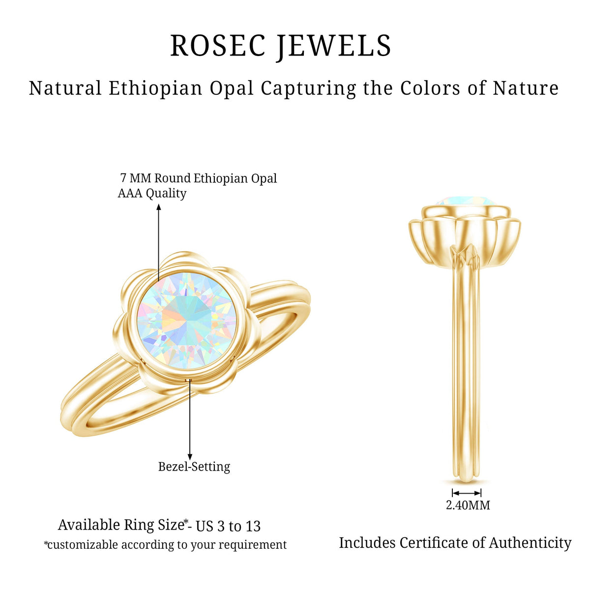 Ethiopian opal engagement ring for women with 1.5 carats, set in a silver band, from Rosec Jewels.