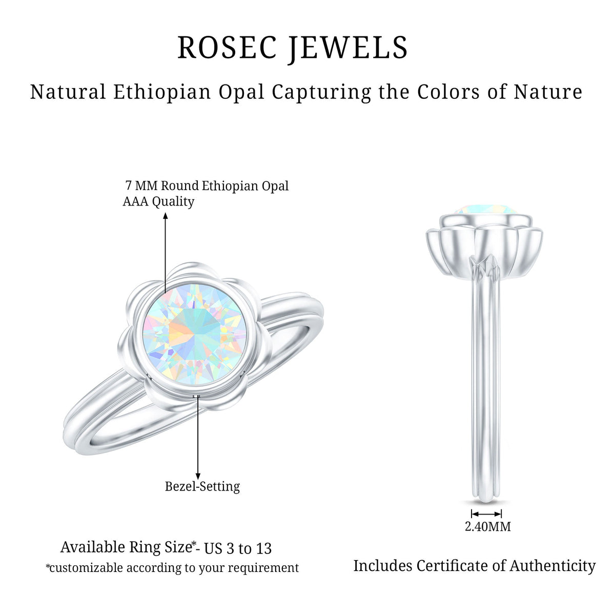 Ethiopian opal engagement ring for women with 1.5 carats, featuring a Rosec Jewels ring design with a sparkling gemstone.