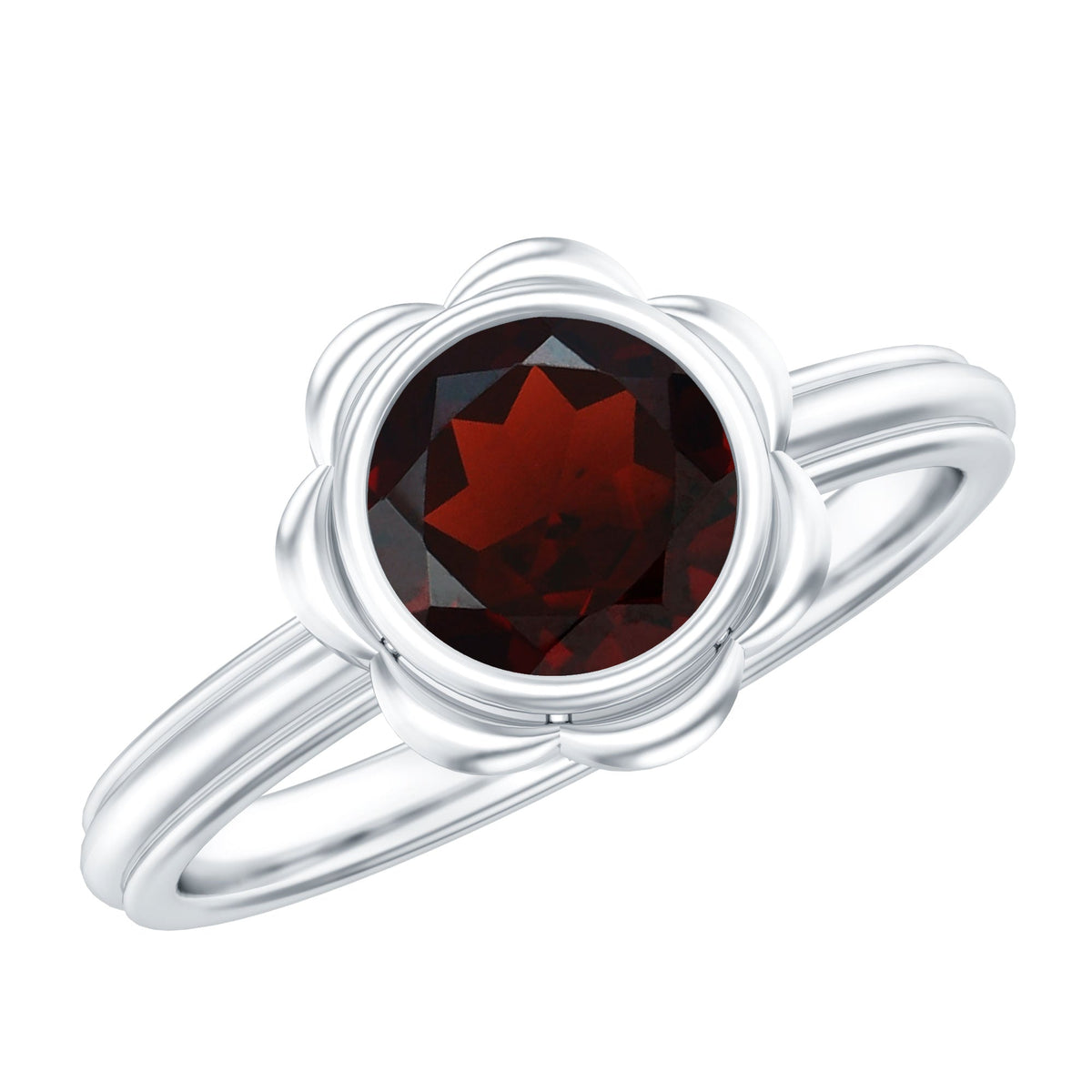 Round cut 1.7 carat garnet flower engagement ring for women by Rosec Jewels, featuring a detailed floral design.