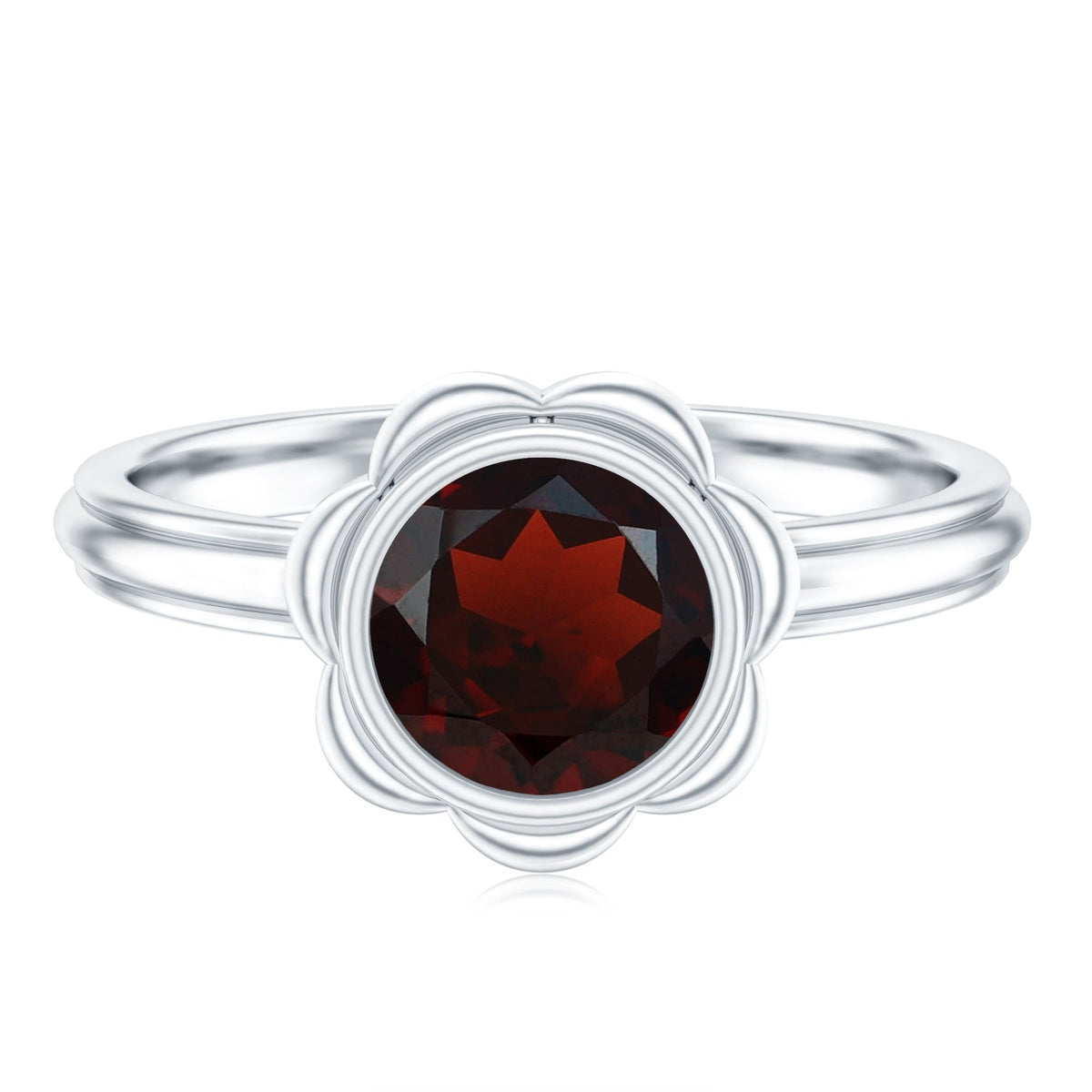 Round cut 1.7 carat garnet flower engagement ring for women by Rosec Jewels, featuring a detailed floral design.