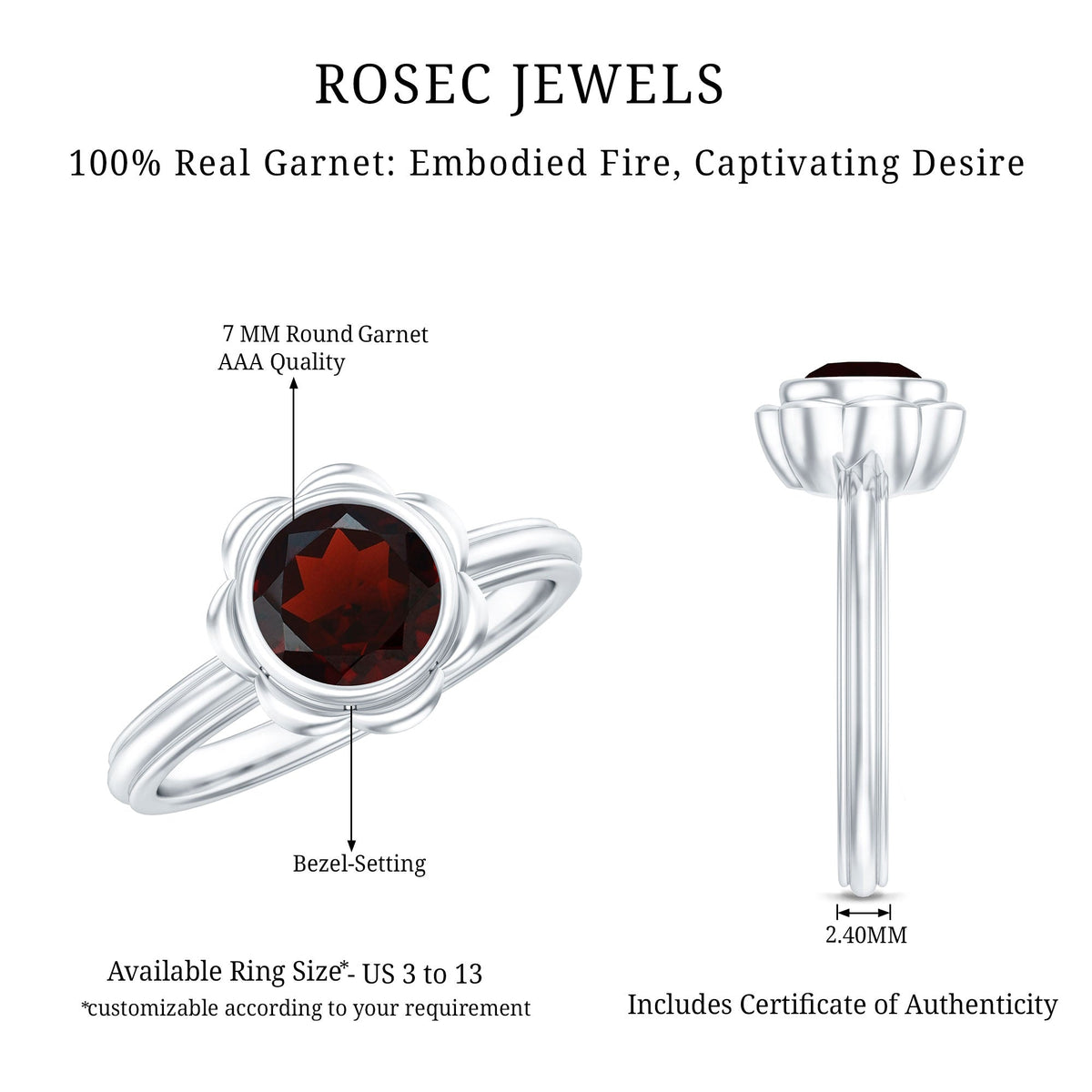 Round cut garnet flower engagement ring for women by Rosec Jewels, showcasing a 1.7 carat gemstone and intricate design.
