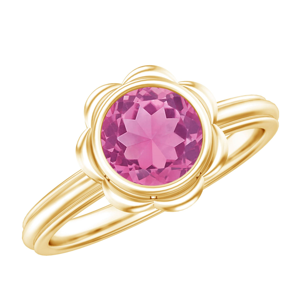 Round pink tourmaline flower engagement ring with 1 carat center stone and delicate band from Rosec Jewels.