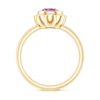Round pink tourmaline flower engagement ring with 1-carat center stone and delicate band from Rosec Jewels.