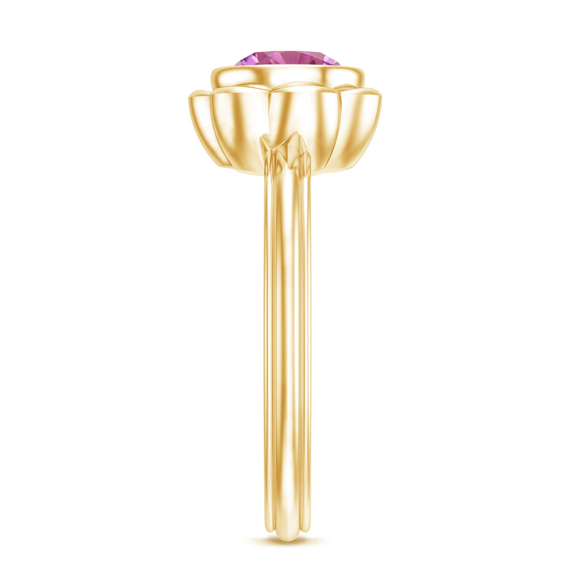 Round pink tourmaline flower engagement ring with 1 carat center stone, set in a elegant ring from Rosec Jewels.