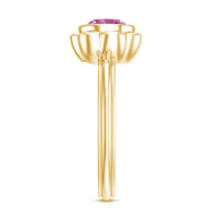 Round pink tourmaline flower engagement ring with 1 carat center stone, set in a elegant ring from Rosec Jewels.