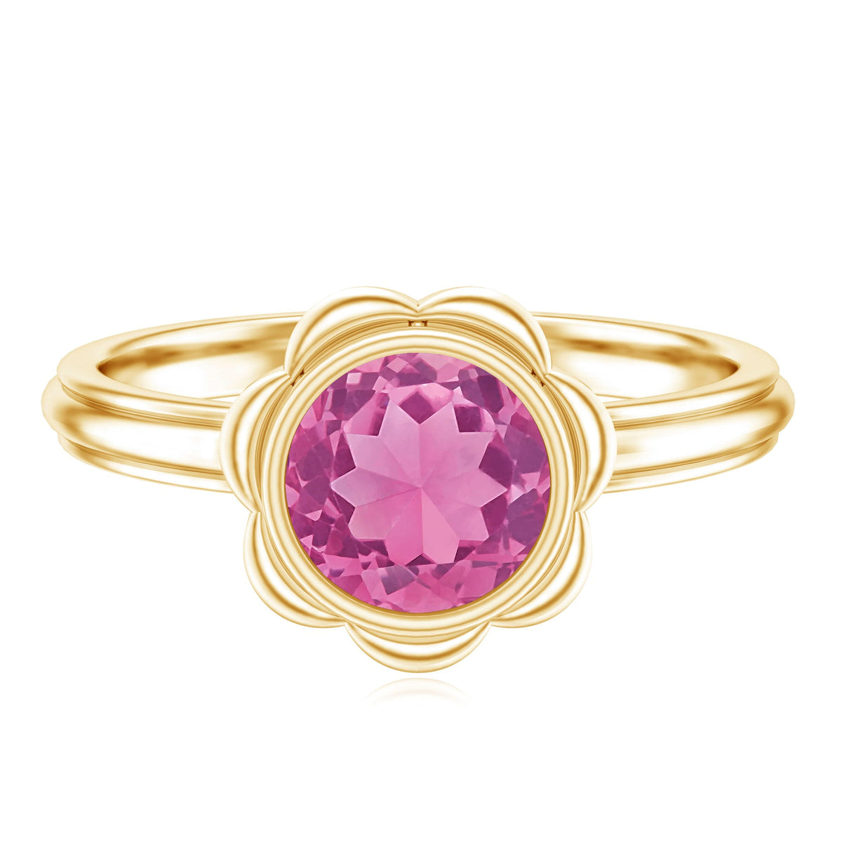 Round pink tourmaline flower engagement ring with 1 carat center stone and delicate band from Rosec Jewels.