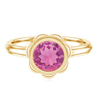 Round pink tourmaline flower engagement ring with 1 carat center stone and delicate band from Rosec Jewels.