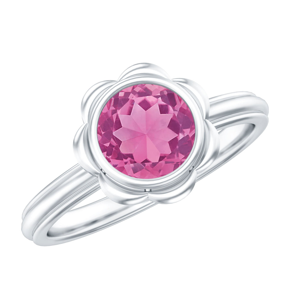 Round pink tourmaline flower engagement ring featuring a 1-carat gemstone set in a delicate ring band.