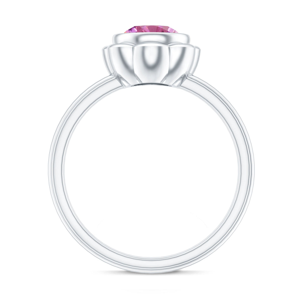 Pink tourmaline flower engagement ring with a 1 carat round pink gemstone set in a delicate ring band.