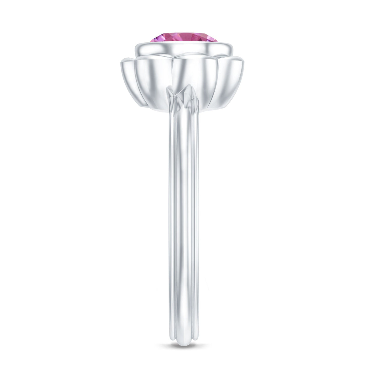 Round pink tourmaline flower engagement ring with 1 carat center stone, featuring intricate silver band design from Rosec Jewels.