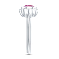 Round pink tourmaline flower engagement ring with 1 carat center stone, featuring intricate silver band design from Rosec Jewels.