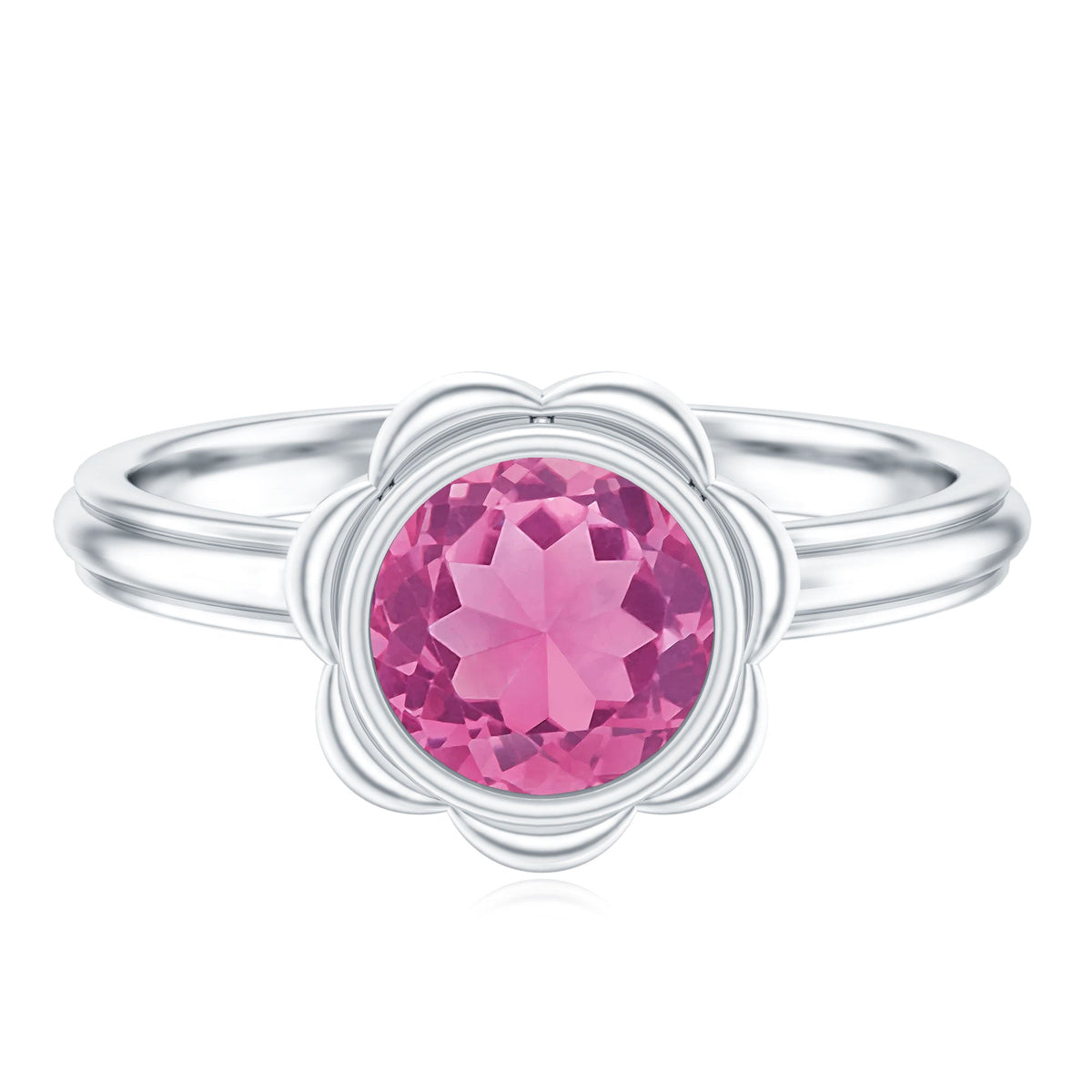 Round pink tourmaline flower engagement ring with 1 carat center stone and delicate band from Rosec Jewels.