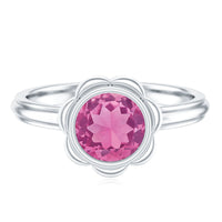 Round pink tourmaline flower engagement ring with 1 carat center stone and delicate band from Rosec Jewels.