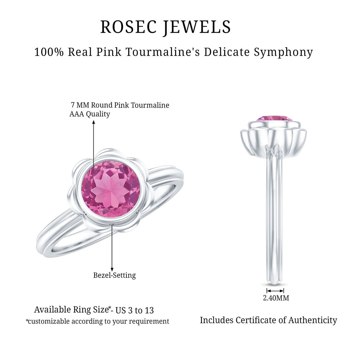 Round pink tourmaline flower engagement ring with 1 carat gemstone set in a Rosec Jewels ring, showcasing intricate floral design.