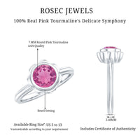 Round pink tourmaline flower engagement ring with 1 carat gemstone set in a Rosec Jewels ring, showcasing intricate floral design.