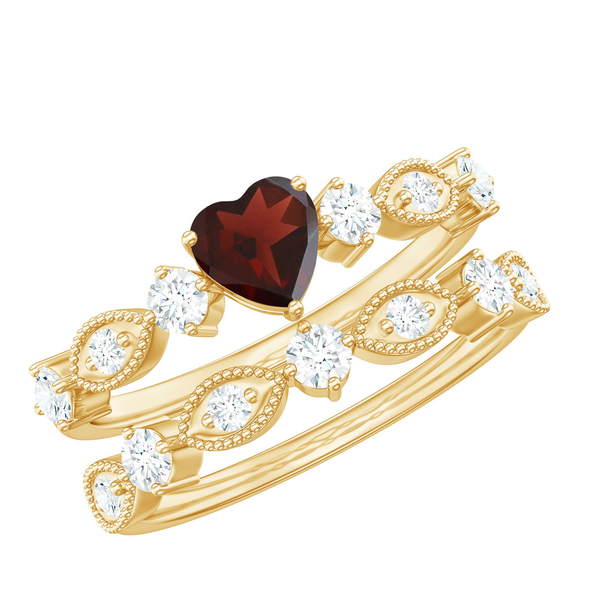Natural garnet diamond heart engagement ring with matching wedding band from Rosec Jewels, featuring a romantic heart-shaped design.