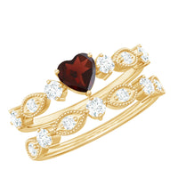 Natural garnet diamond heart engagement ring with matching wedding band from Rosec Jewels, featuring a romantic heart-shaped design.