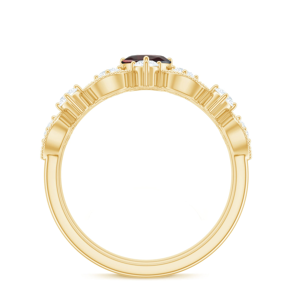 Natural garnet and diamond heart engagement ring with matching wedding band by Rosec Jewels, showcasing intricate details and sparkling stones.